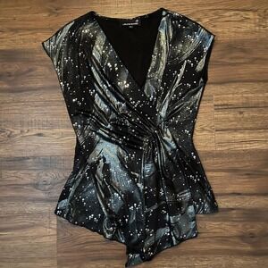 Vintage Y2K Metallic Galaxy Print Ruched Blouse Black Silver Party Top Small